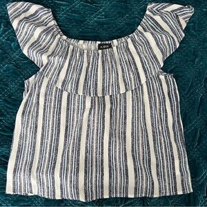 A. Byer Navy and White Striped Ruffle Off-the-Shoulder Peasant Top